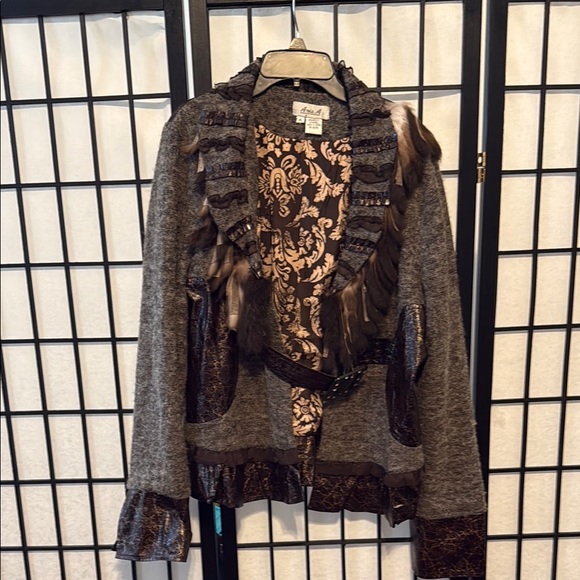 Gray and Brown Blazer with Ruffled Details - Picture 1 of 9